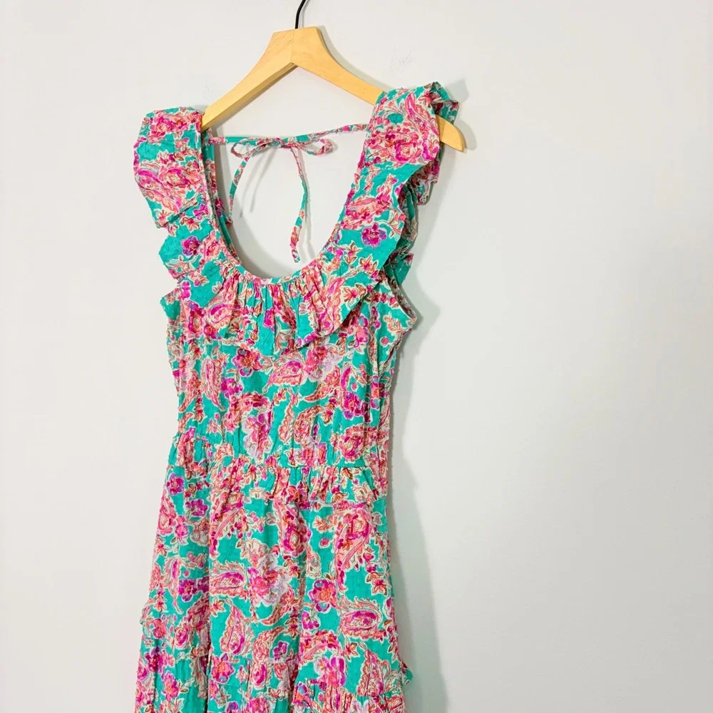 J Crew Womens Floral Paisley Ruffle Tiered Midi Sundress Green Pink 4 - Picture 4 of 10